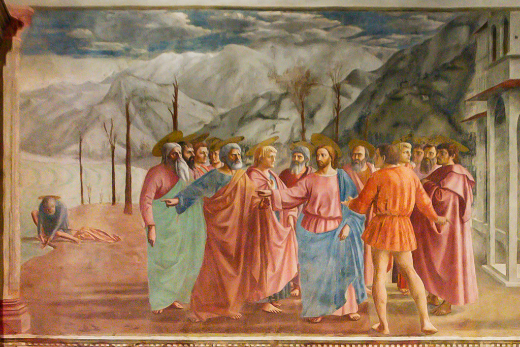 Chiesa di S. Maria del Carmine, Cappella Brancacci: Il tributo, affresco di Masaccio del ciclo Storie di San Pietro.