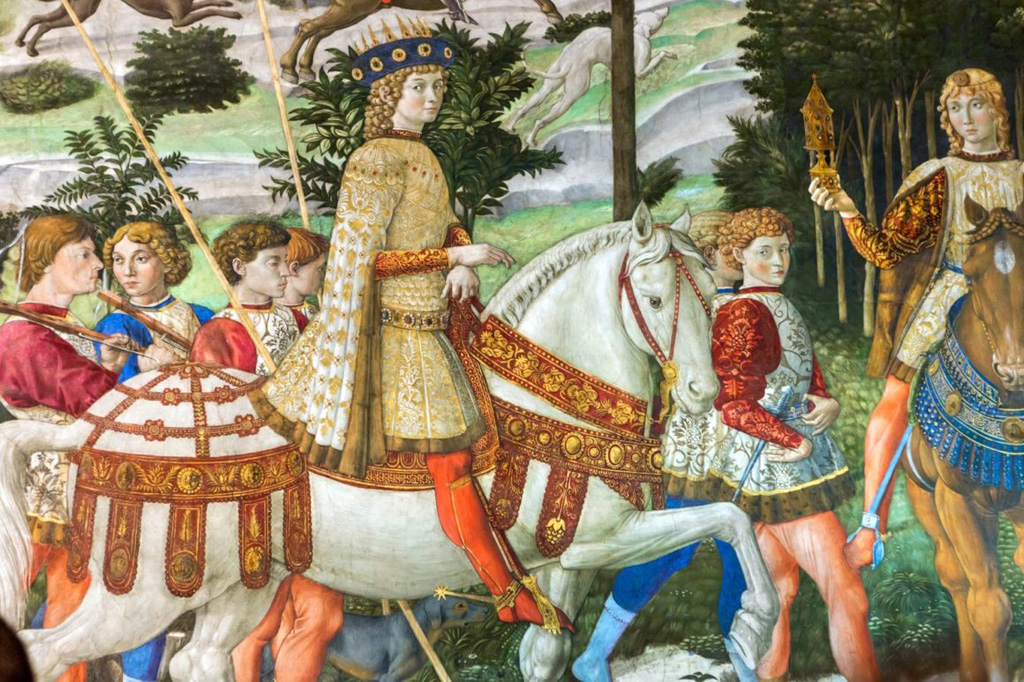 Palazzo Medici Riccardi, Cappella dei Magi, parete est:  Il corteo guidato da Lorenzo il Magnifico, seguito da suo padre Piero e suo nonno Cosimo il Vecchio, affresco di Benozzo Gozzoli, 1459.